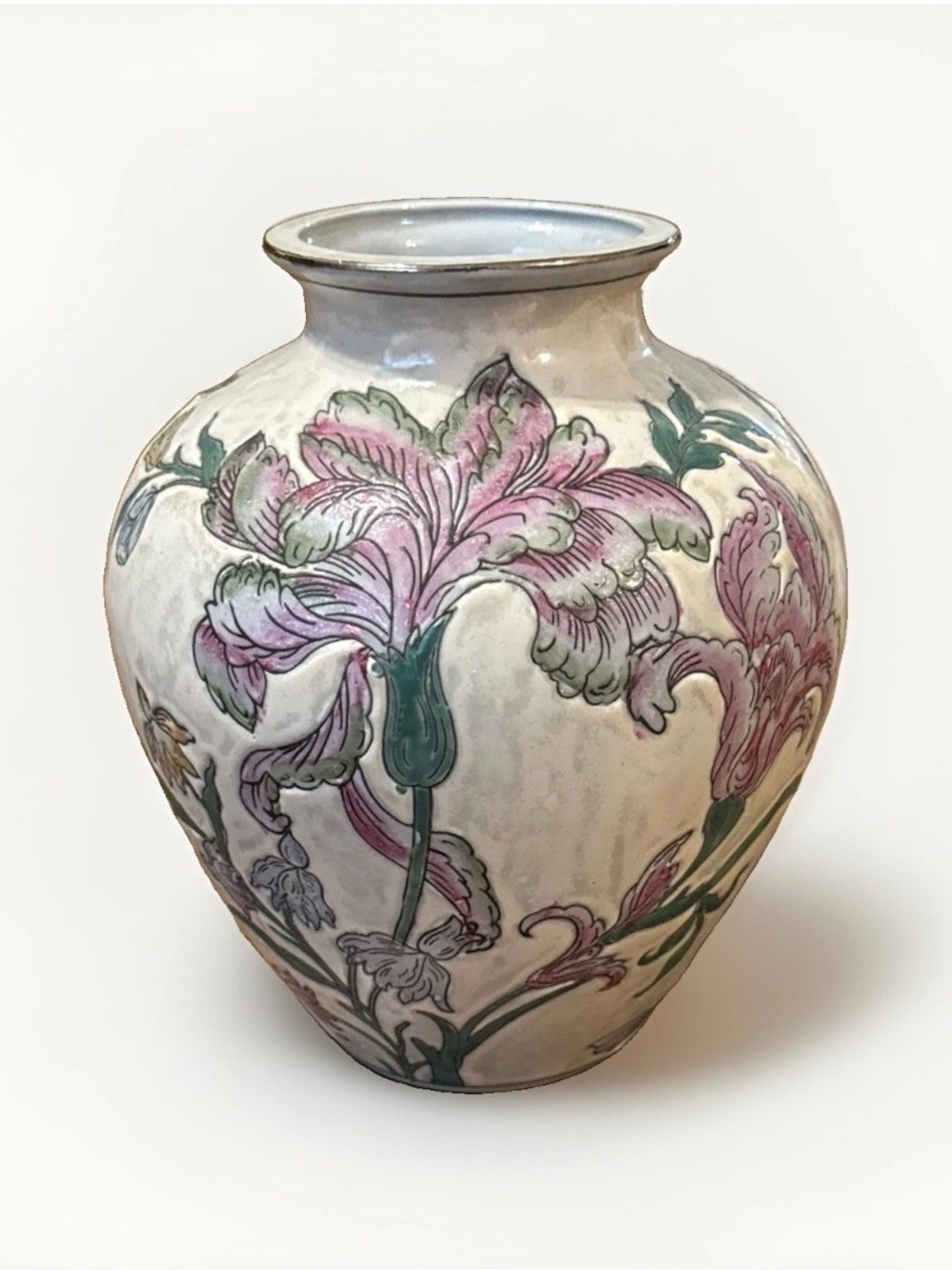 Vintage Chinoiserie Floral Vase Vintage 90s Pink Blue Bold Flowers